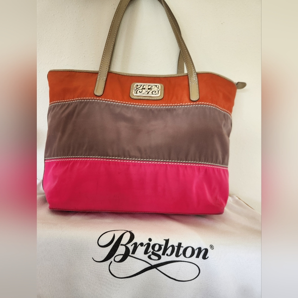 Brighton Cadence Collection Orange, Pink, Tan Nylon Zipper Tote With Dustbag